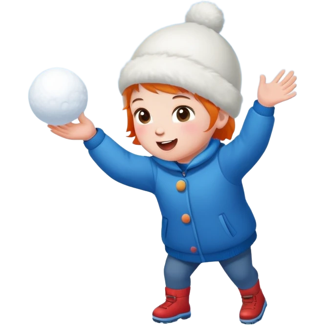 a child throwing a snowball, snowy background, cheerful expression emoji