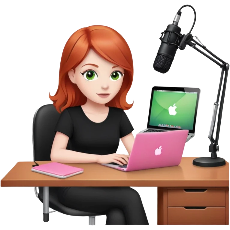 Redhead with green eyes sat at desk with pink MacBook and  podcast microphone black top and pink chair  emoji