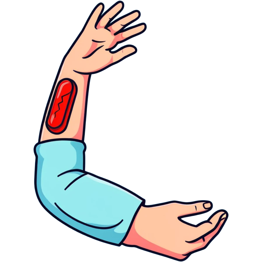 Forearm with allergy skin prick test showing red reaction bumps, 5 fingers visible at the wrist, medical procedure emoji