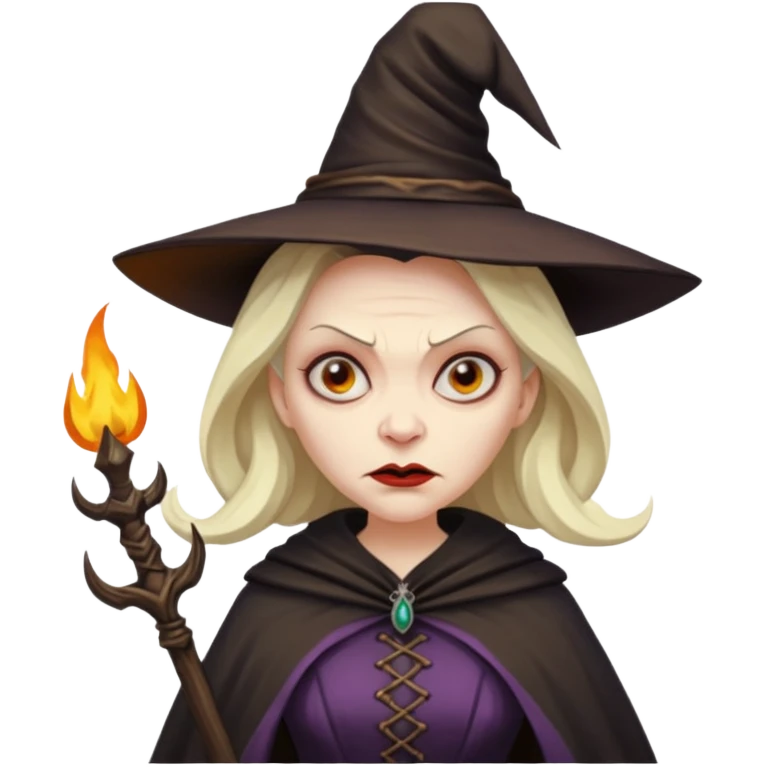 Pitonisa: mujer entre unos 40 y 50 años, cara de mala, malas intenciones, cara un poco deforme tipo bruja, y ropa antigua. cuerpo entero emoji