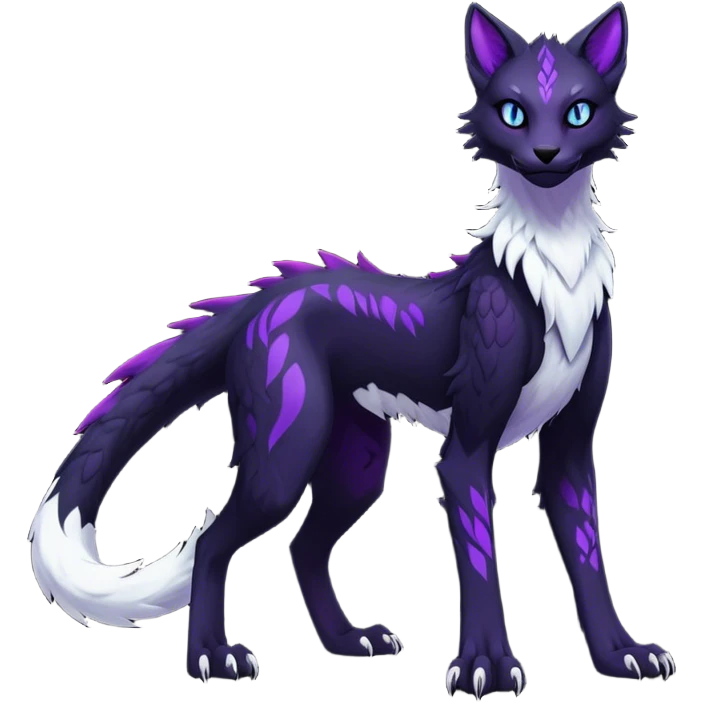 Kawaii dark black purplish blackish edgy fantasy ethereal feline-vernid-sergal-fursona animal creature full body with intricate markings  emoji