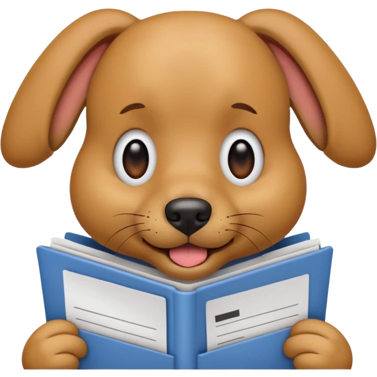 playful emoji dog sitting with a resume in its mouth, floppy ears, friendly face emoji