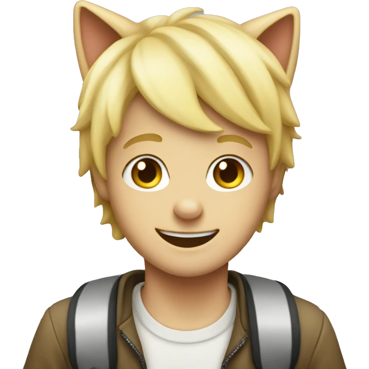 smiling blonde boy indoors wearing a cat hat emoji
