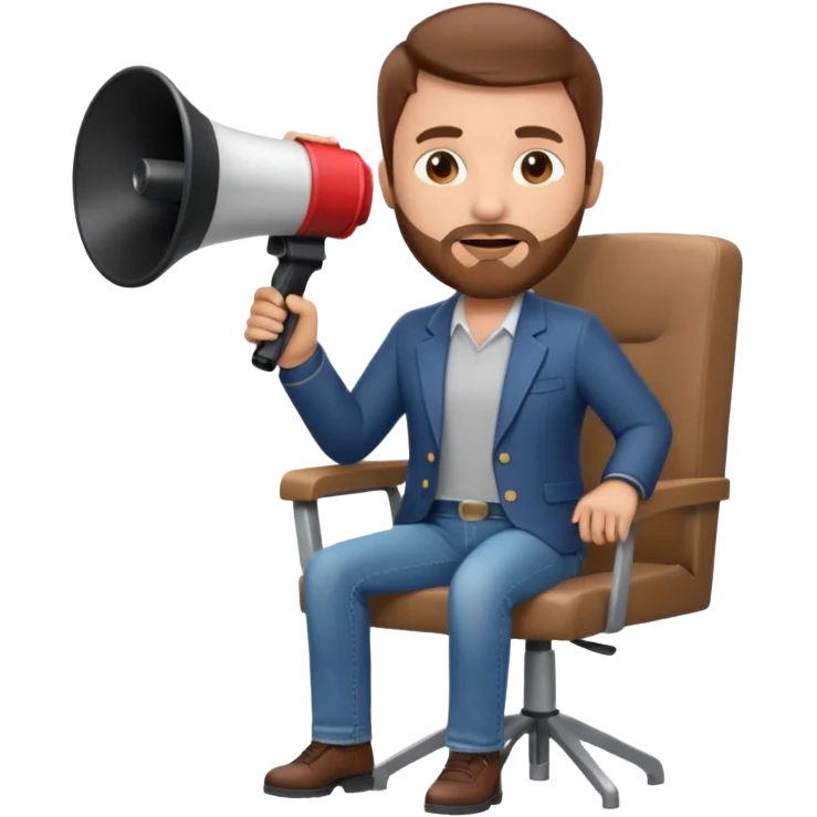 film director emoji with a modern megaphone and director's chair, brown hair and short beard, jeans and a undershirt with blazer top.  emoji