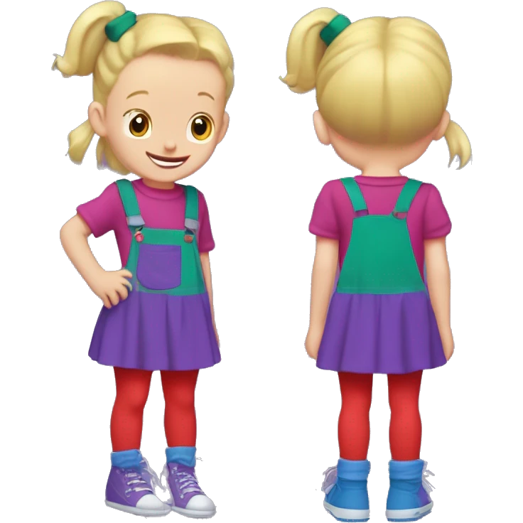 A little blonde girl with pigtails and little purple bows wearing a red long-sleeved shirt and purple overalls skirt with blue tights with green polka dots and purple sneakers, full body, rugrats emoji