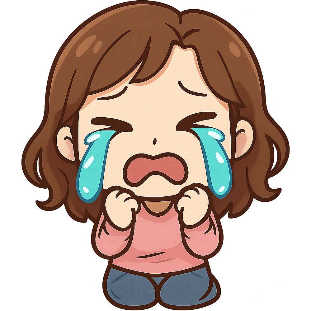 chibi emote of a woman in a pink blouse and jeans, crying with big tears, no headband, no sparkles, no wand, transparent background emoji