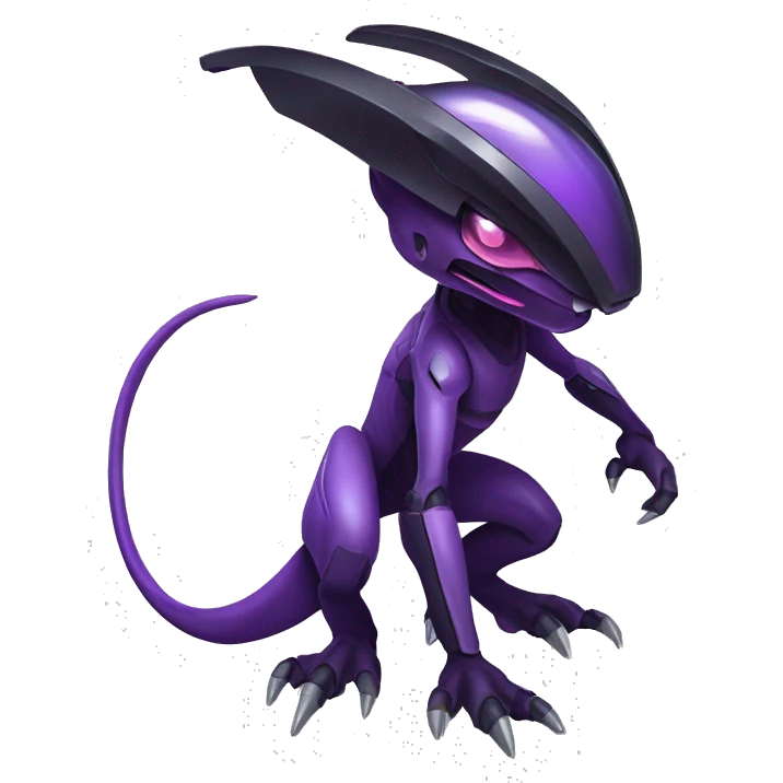 a shiny black-purple Genesect-Raptor-Fakémon—hybrid with a futuristic visor-helmet full body emoji