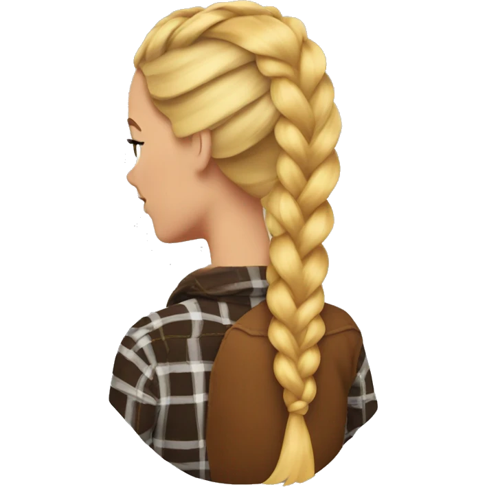 Woman with her back turned with a blonde hair braided wearing a brown and orange flannel emoji