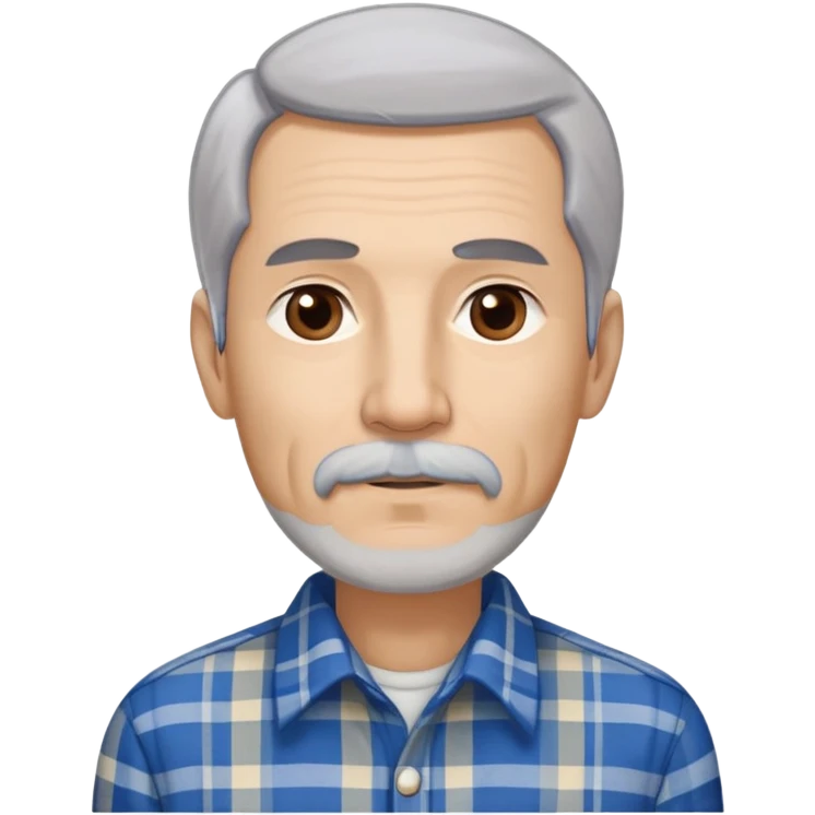 Thin older Hispanic man with light complexion. Elongated slim face with wise expression. Relaxed brown eyes. Long straight fine gray-white hair that covers the ears with soft fringe in front. White mustache connected to chin beard. Lean physique. Wearing a beige and blue plaid long-sleeved shirt. emoji