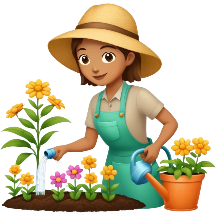 person watering flowers in a garden, happy and caring emoji