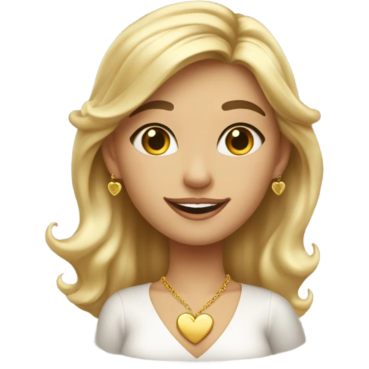 Smiling girl indoors with blonde highlights, gold earrings and a gold heart necklace wearing a v neck blouse blowing a kiss emoji