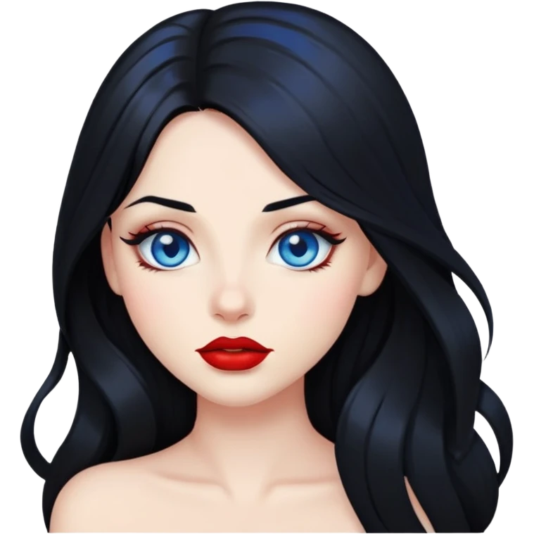 character with long jet black hair, blue eyes, and red lips emoji