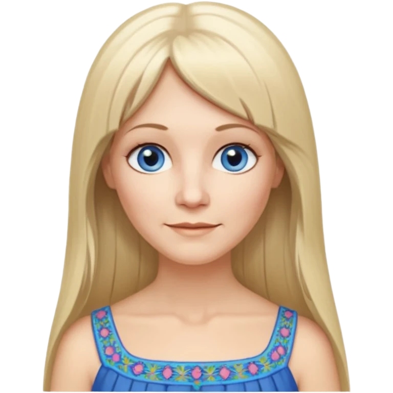 50 yr old white woman, hippie parted very long hair, short bangs, very long straight blond hair, oval face, small smile, blue eyes, thin face, hair downback, hair parted at center of head, round cheeks, pale, longer hair, white evening dress emoji