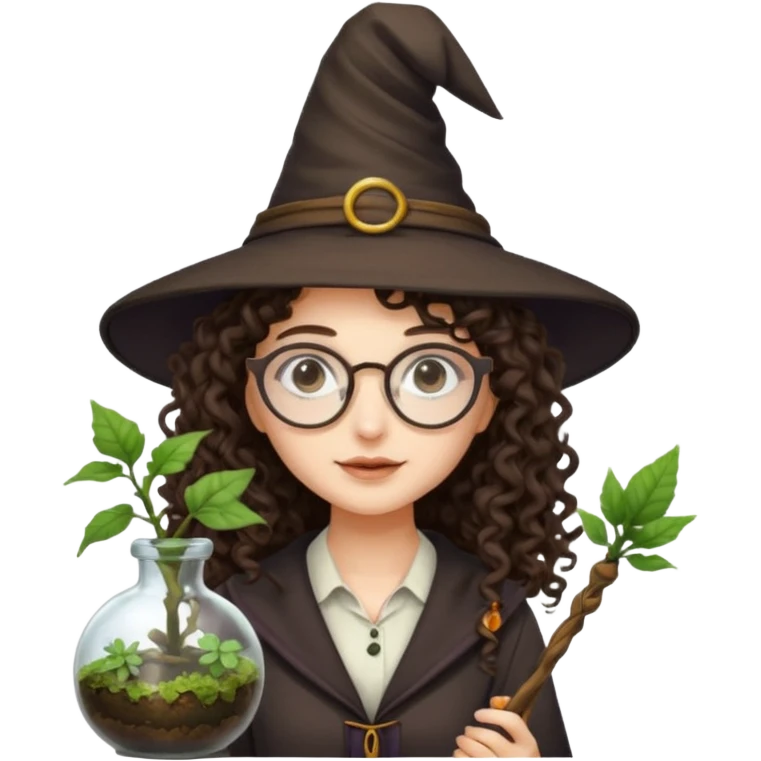 A long curly haired brunette girl with a witch hat, round white glasses, and a plant wand or plant potion terrarium emoji