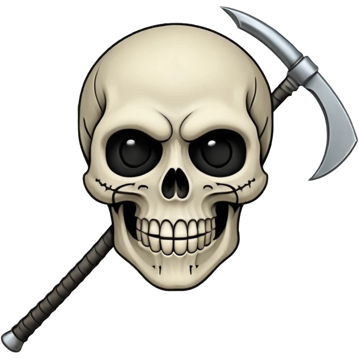 A laughing skull with a scythe crossed behind it, one eye socket winking. Clean, stylized lines, flat vector. Medieval woodcut style. Black and white with one accent color (tarnished silver). No background. emoji