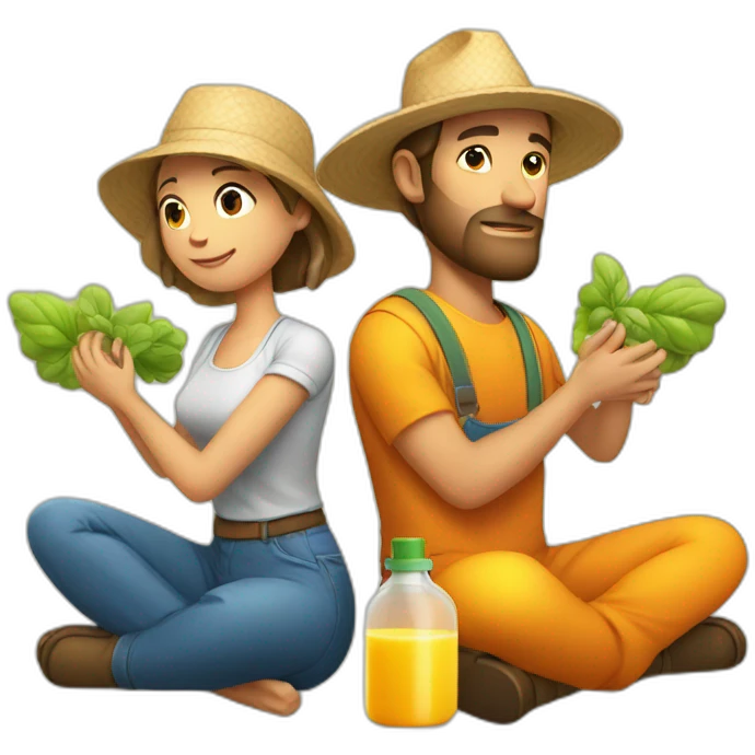 male and female farmer meditating with juice bottle emoji