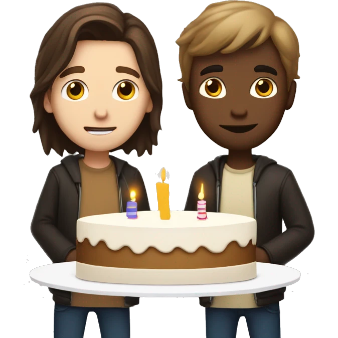 Long Light brown hair white guy and short dark brown hair white guy holding cake and blowing candles emoji
