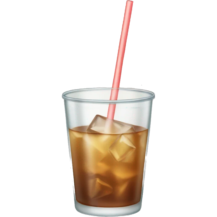 Clear glass cup with light brown drink, ice, and straw emoji