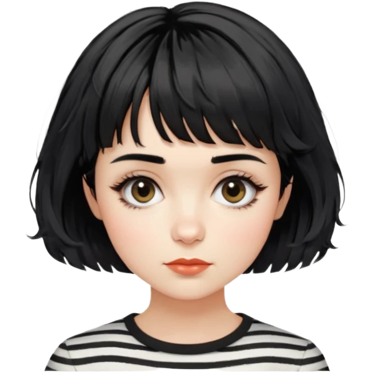 Gorgeous french woman short french haircut tousled textured messy wavy hair short straight-across blunt baby bangs black hair Amelie elegant woman with beautiful hair aesthetic striped white shirt emoji