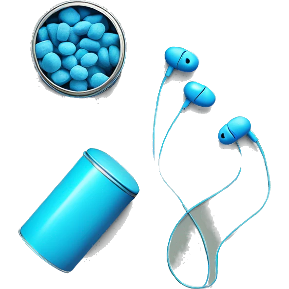 blue candies and a wired earphone in a tin emoji