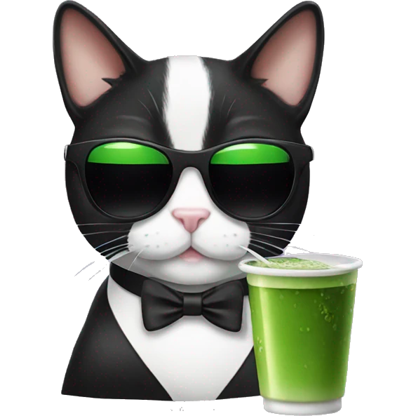 Tuxedo cat with sunglasses drinking matcha emoji
