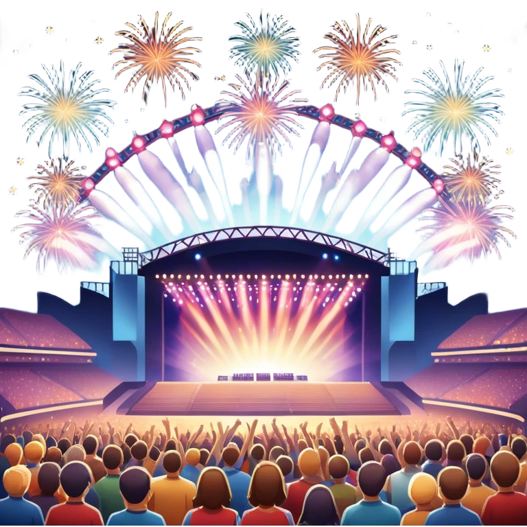 An icon showing a stadium stage with a concert in full swing, bright stage lights illuminating the performers, and fireworks bursting in the sky. The excitement of the crowd is palpable, symbolizing a love for live music and unforgettable shows. transparent background. emoji