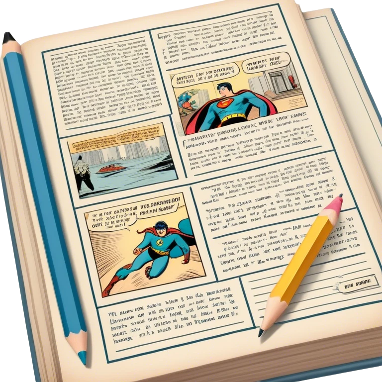 Create a detailed emoji representing the process of writing texts for comic books. The design should feature a large, open comic book with vintage comic strips visible on its pages. A pencil should be shown writing text on one of the comic panels, but without a hand. The pencil should appear as though it is actively creating the dialogue or narration. Use a classic color palette with muted tones for the comic book and brighter accents on the pencil to draw attention to the writing process. Do not include any emojis or smiley faces. Make the background transparent. emoji
