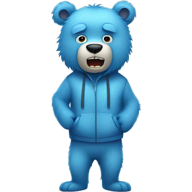 Teenager Fuzzy blue bear wearing clothes being scared and holding face  emoji