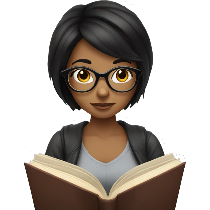 A girl with black hair and glasses reading a book emoji