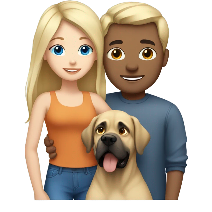 Brunette blue eye man and blonde blue eye girl hugging an English mastiff dog emoji