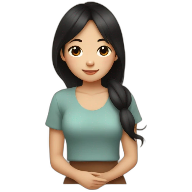 Asian girl with brown eyes and middle black hair and cute top cuddling a brown lovely monkey emoji
