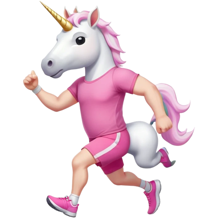 friendly anthropomorphised male white unicorn with a stocky, strong build, white arms and legs, wearing grey shorts and pink t-shirt, dark sunglasses, jogging upright in a standard pose emoji
