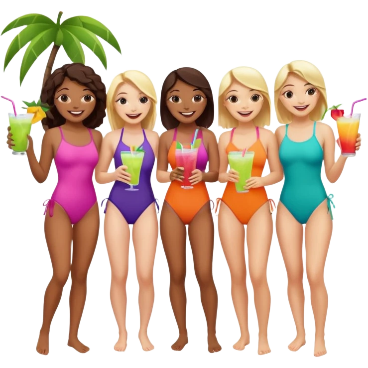  4 amigos en bañador riendo con bebidas en la mano emoji