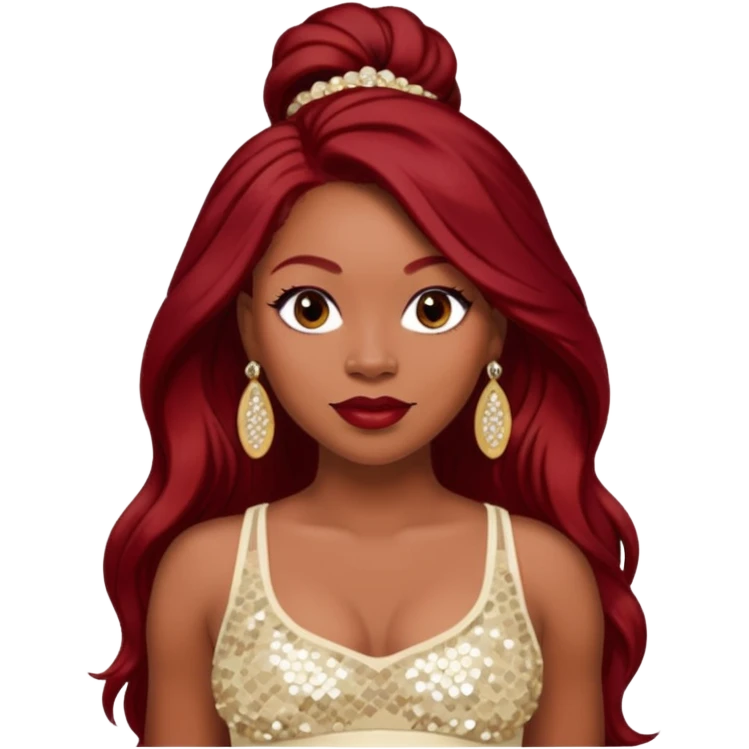 LaTavia Robeson with long dark red hair, ivory sequin crop top, ivory earring emoji