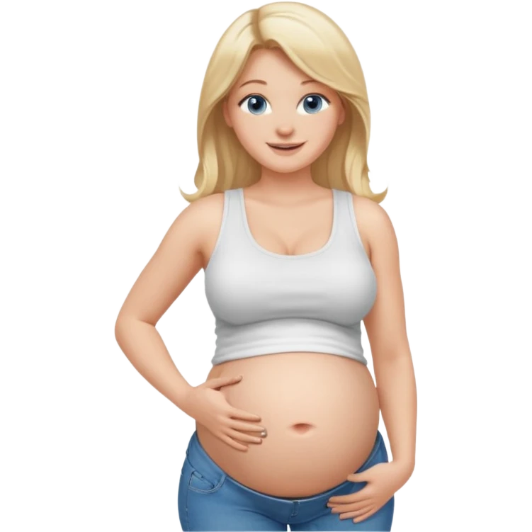 White girl, long blonde hair, white tank crop top, smiling, bare midriff, blue eyes, huge round pregnant belly, jeans, side view emoji