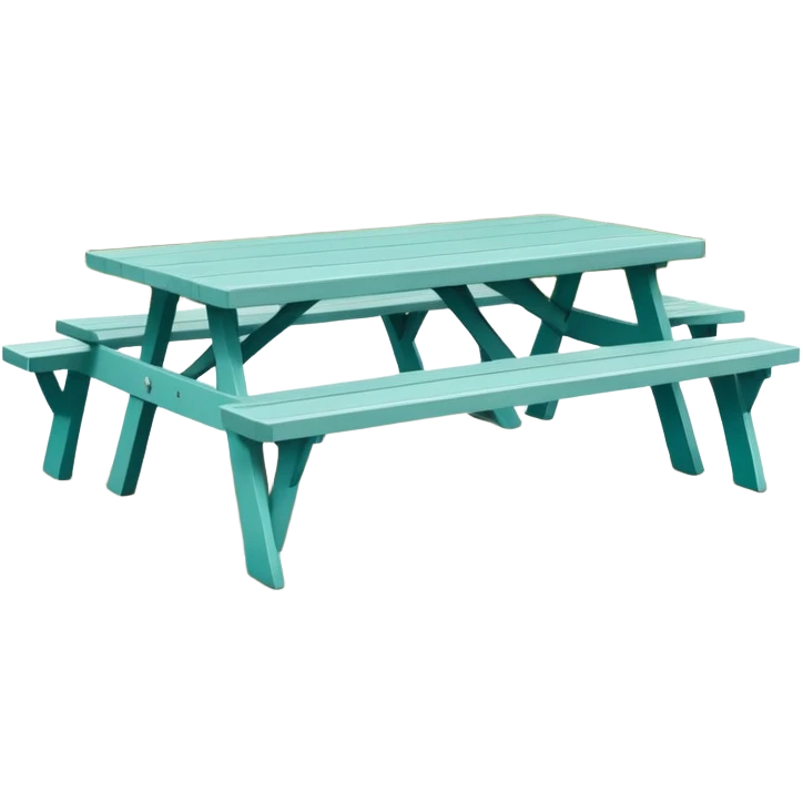 simple rectangular picnic table with attached benches, soft teal color, white end caps on table and benches, all legs straight, small wheels underneath, flat wood-style silhouette, muted teal tone, clean geometry, minimal shading emoji