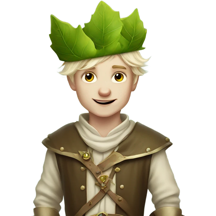 whimsical fairytale medieval pale boy who is tiny and wearing a leaf hat emoji