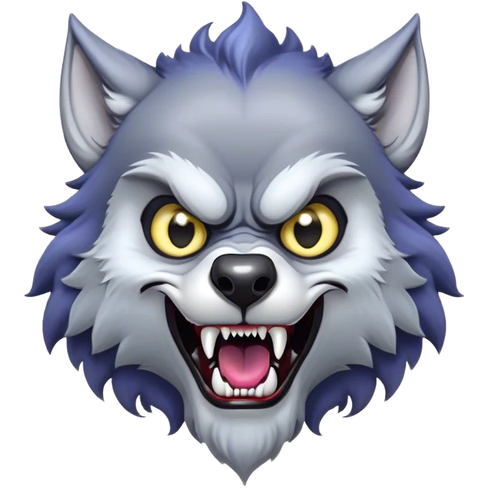 Cinematic Comical Werewolf Portrait Emoji, with a whimsically exaggerated lupine face in vivid moonlit grays and silvers, head cocked in a dramatically shocked expression with comically oversized, wide eyes and a playful snarl, simplified yet hilariously expressive, highly detailed with a soft cartoonish glowing outline capturing the mischievous humor of a werewolf mid-transformation! emoji