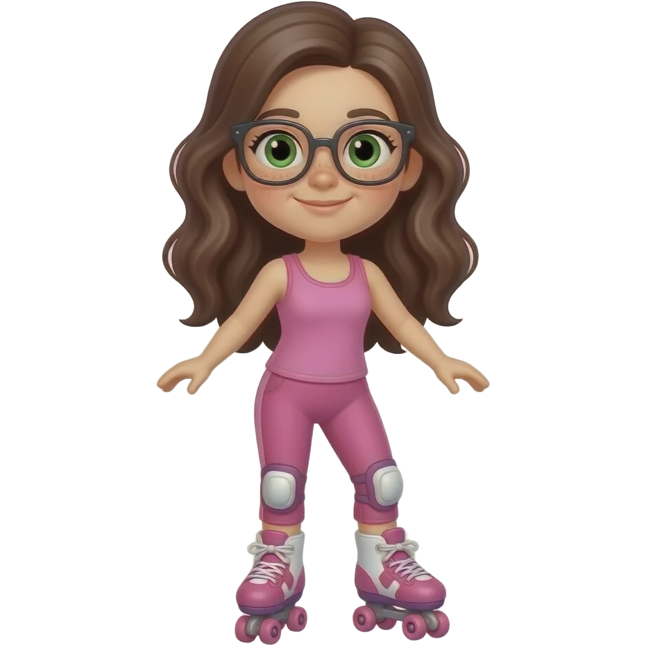 young girl in the style of iphone emoji people, fair skin, green eyes, glasses, freckles,long dark brown wavy hair, pink tank top and pink leggings, rollerblading emoji