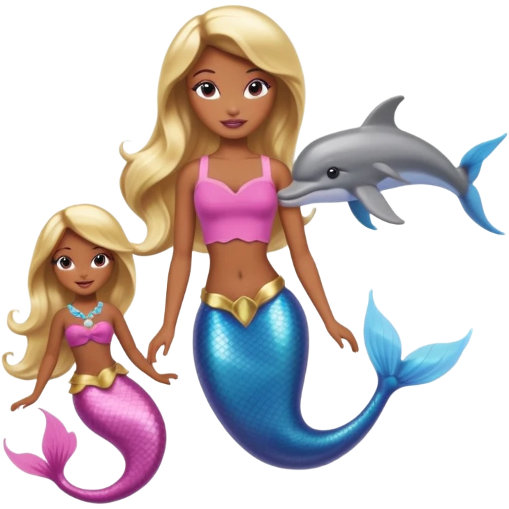 Brown skin blonde hair barbie mermaid with pink tail and dolphin  emoji