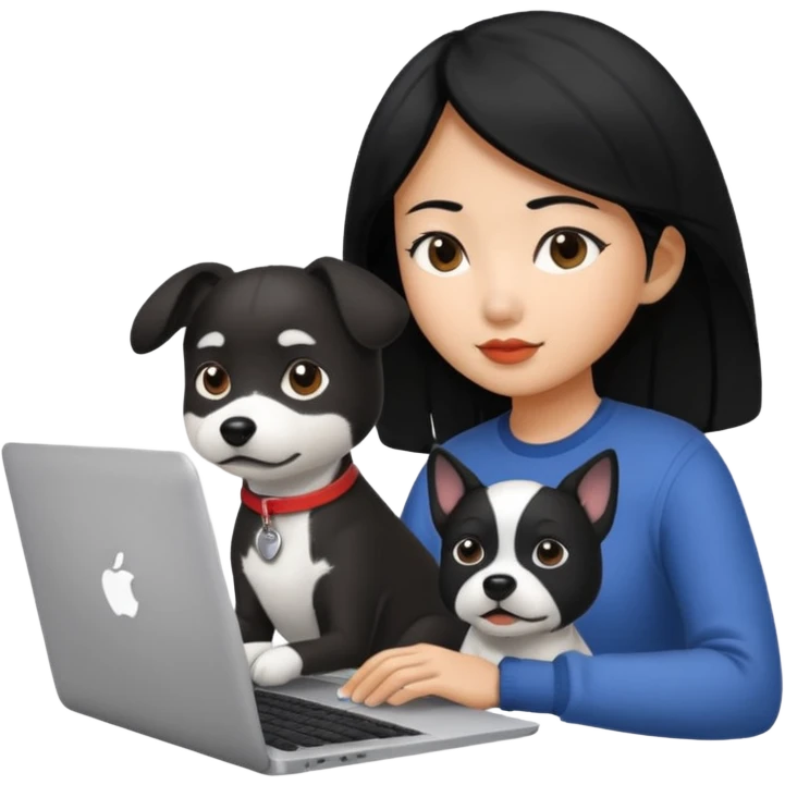 Asian girl with black hair working on an Apple laptop, next to her is a black and white dog emoji