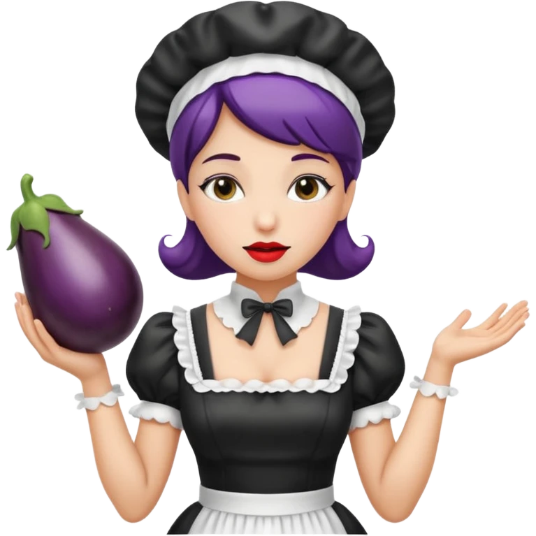 A women in a black and white maid dress with her lips around a wet eggplant emoji