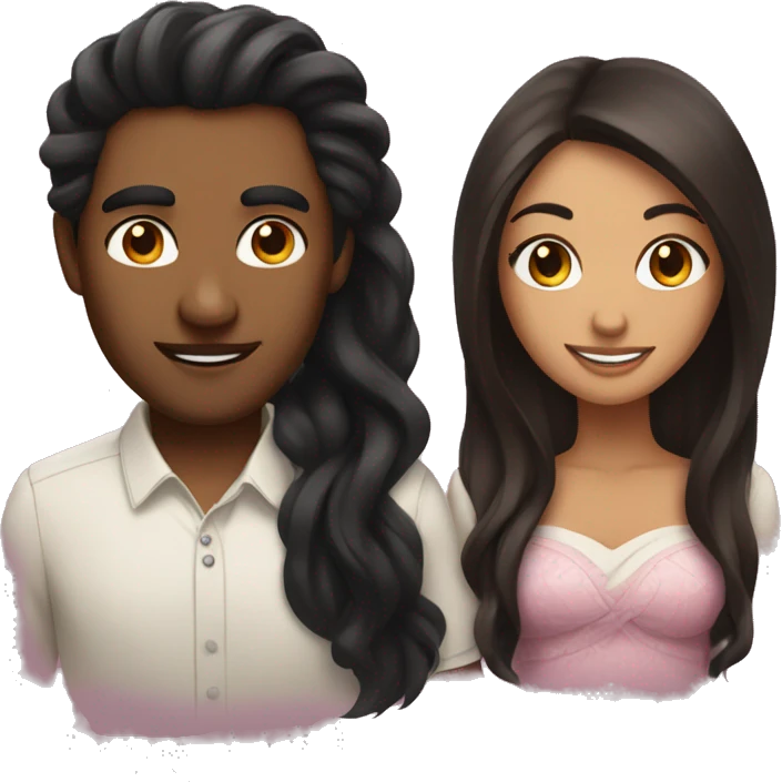 brown woman with long black hair and a brown man with girly hair in love emoji