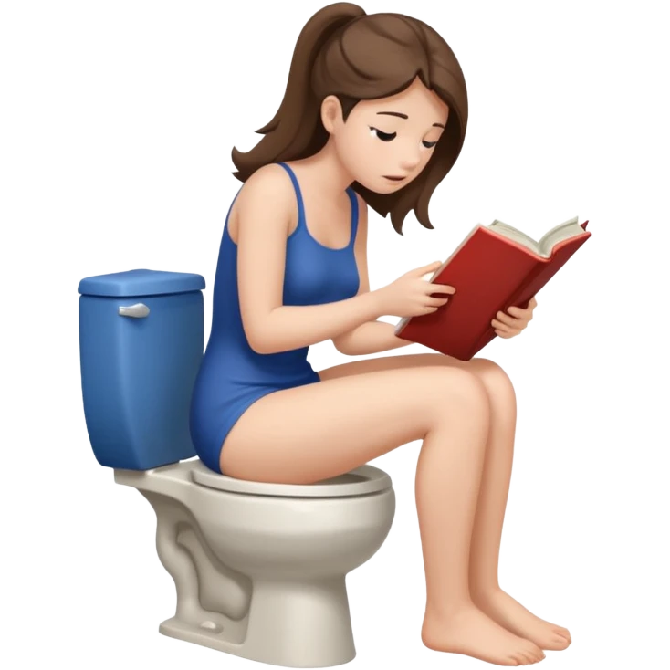 A woman is sitting on the toilet, she sits with her bare ass on the toilet and she it reading a book. She is struggling because she tries to poop. Side view emoji