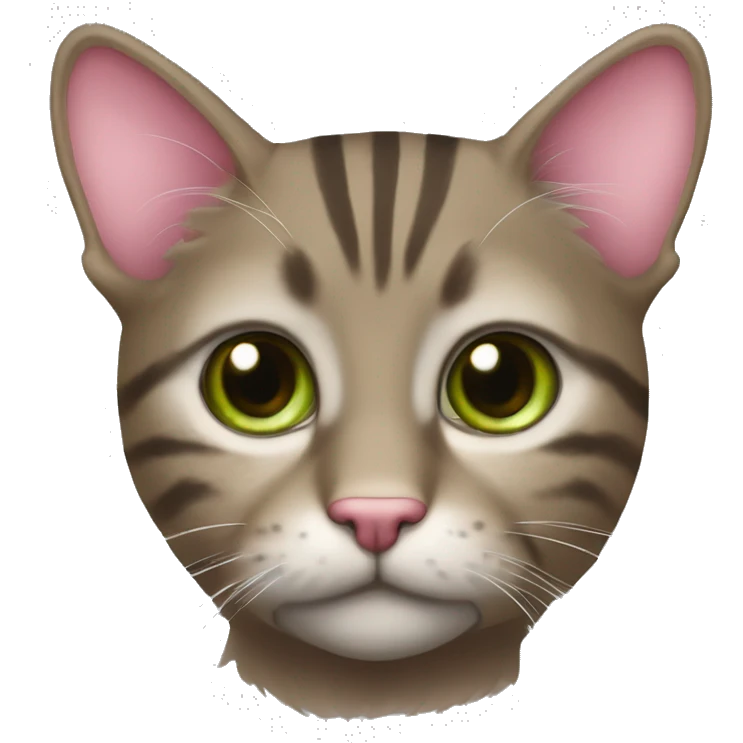 - **Face**: Round, big greenish eyes, pink nose, serious look. - **Ears**: Upright with fur tufts. - **Fur**: Dark tabby with light chin. - **Vibe**: Dignified and curious. emoji