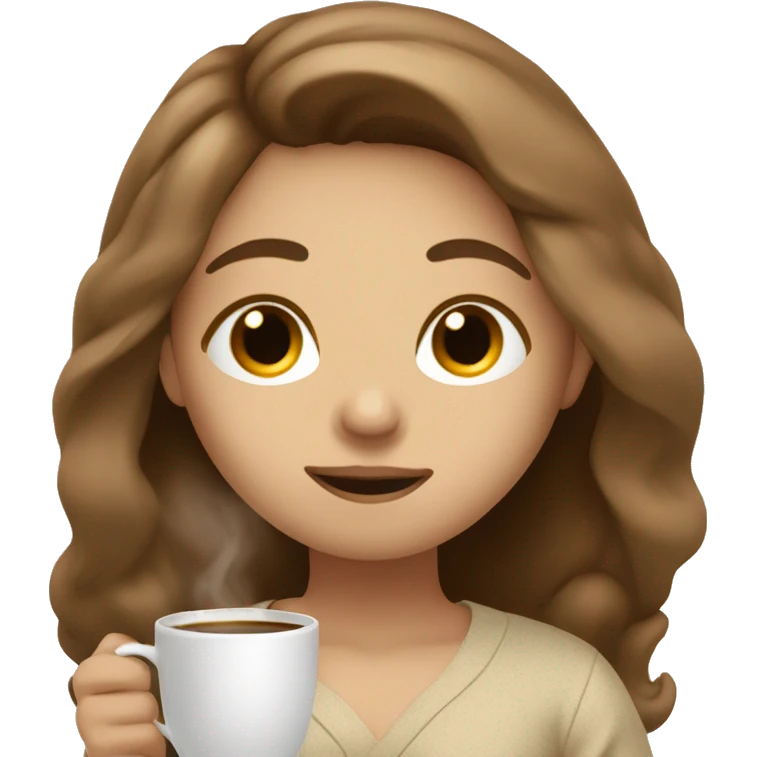 Long brown hair girl in beige pyjamas with sipping coffee eyes closed emoji