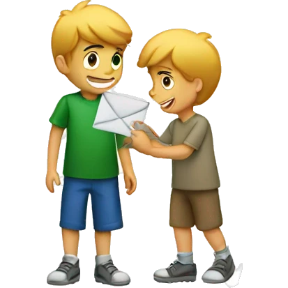 a boy giving his friend a letter emoji