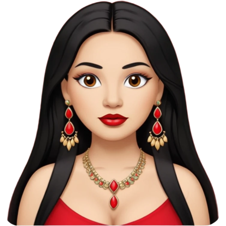 Mexican Light skin brown eyes glamorous full figured women black long straight hair red lips necklace and earrings long lashes emoji