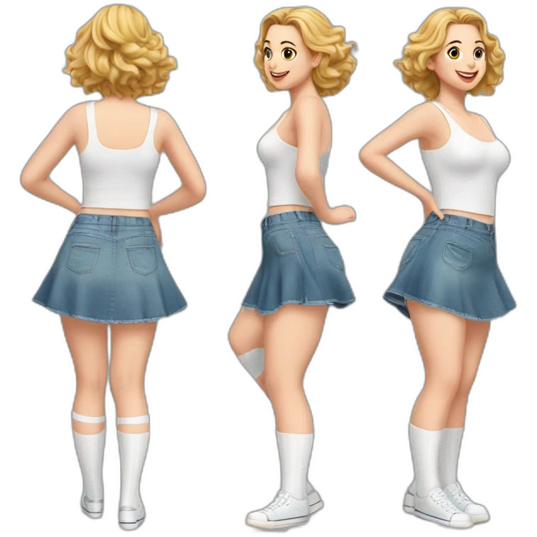 realistic full body caucasian curvy beauty jumping short transparent skirt back and front views strong wind white knickers long white socks emoji