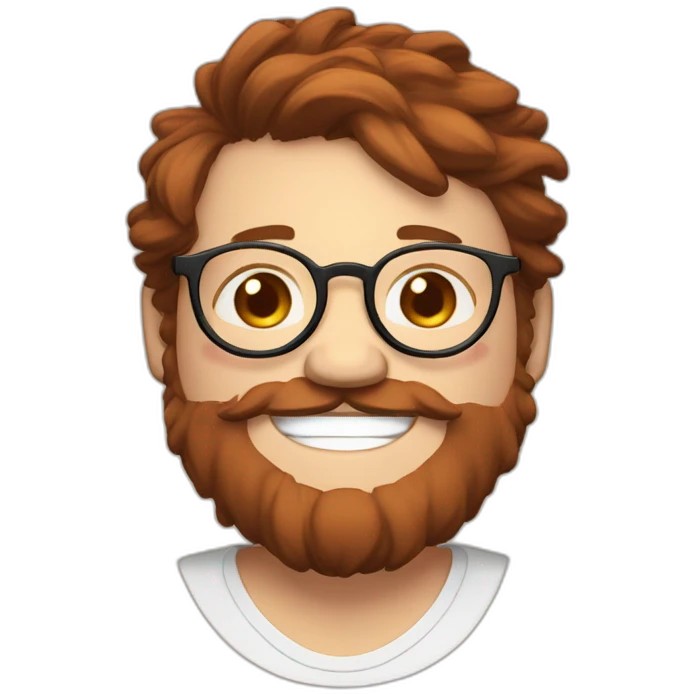Chubby, non binary, round glasses, attached long brown hair, red and Brown beard, laughing ans sleepy emoji